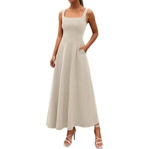 Women Beige Sleeveless Elegant Square Neck Aline Swing Guest Maxi Dress Pockets